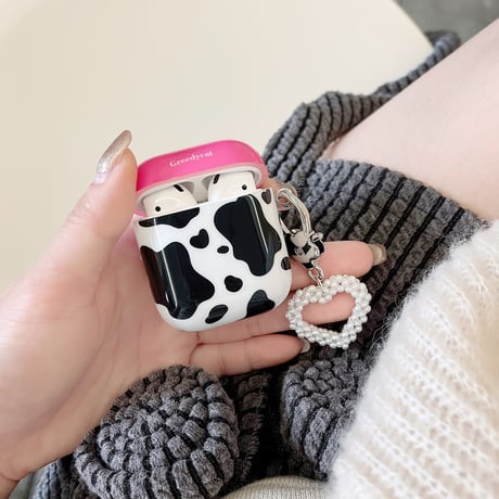 牛柄 Airpods 4ケース パールハートチャーム付 AirpodsPro2/Pro1 Airpods3/2カバー大人可愛い ギフトに最適 [M4770]