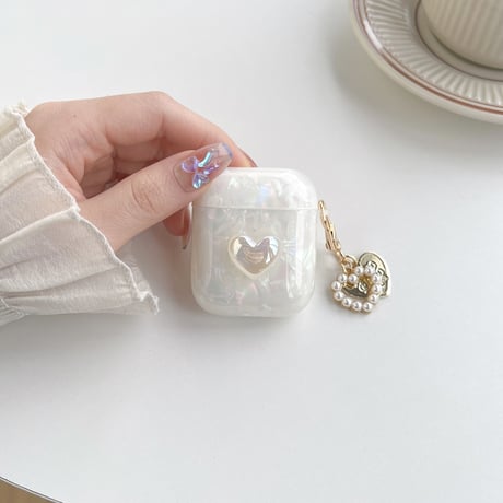 【Airpods4】キラキラハート AirpodsPro2ケース 貝殻紋 airpods3/2/1ケース  オシャレハートアクセサリー付 ソフト ギフトに最適 [M2595]