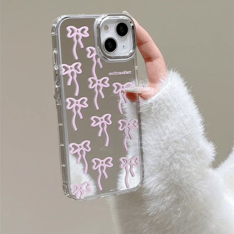 リボン ミラーiPhone16/15proケース 頑丈 可愛いiphone14/13/12proカバー 女子力アップ 便利[M4087]