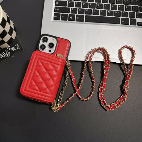 カード/小物入れ付 iPhone15/15プロケース ショルダーチェーン付 レザーiPhone14pro/13/12カバー 高級感 高品質[M4163]