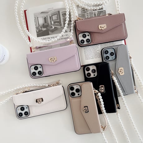 真珠ストラップ付 iphone14/14proケース カード収納 アイフォンSE3/13/12/11PROケース セレブ愛用 高級感 ガールズに人気[M2457]