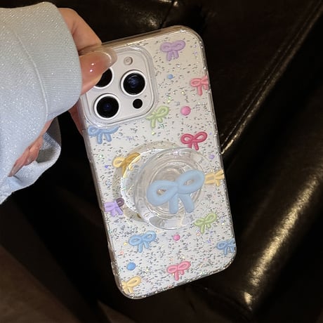 大人可愛い iPhone16/16proケース リボン グリップ付き iPhone14/13pro/12proカバー ラメ入り キラキラ[M5164]