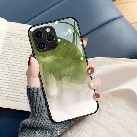 大理石調ガラスiPhone14/13proケース グリーン/ブラウン iPhone12/11proカバー  トレンド 涼しい感じ 夏に人気 男女兼用[M3176]