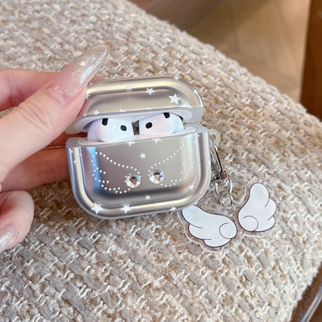 天使の翼 Airpods Pro3 ケース ダイヤデコ Airpods 4/3カバー  エアポッズプロ2  キーホルダー メッキ [M6029]