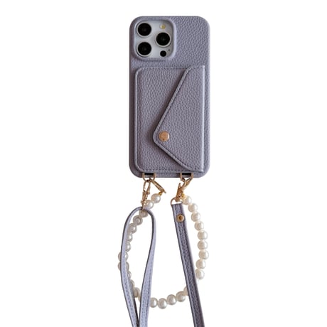 ICカード収納 iPhone15pro/15カバー パールストラップ/革ショルダー付 アイフォンSE/14pro/13プロケース 高品質便利 [M4325]