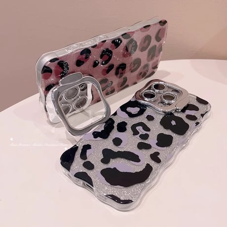 スタンド付ヒョウ柄 iPhone16/16proケース キラキラうねうね iphone15promax/14/13カバー おしゃれ 大人可愛い[M4940]