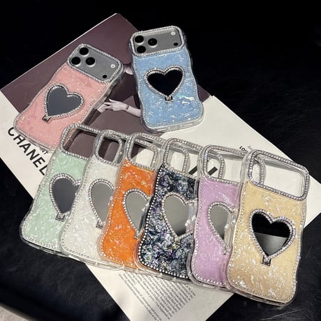 ハート型ミラーリングスタンド iPhone17Pro/17ケース  うねうねジュエリーライン アイフォン16/15proカバー シェル柄[M6260]