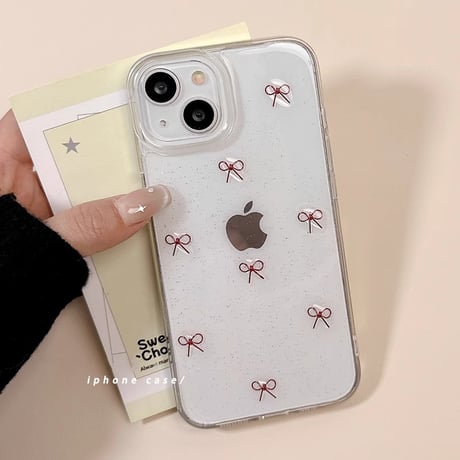 レッドリボン iphone16/16proケース  可愛い iphone15pro/14/13proケース ラメ入り 女子力高い [M5040]