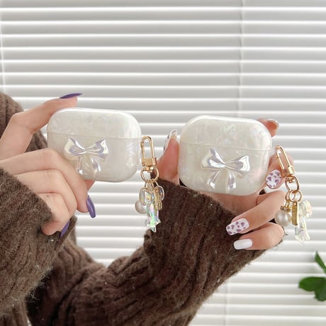【Airpods 4】キラキラリボン AirpodsPro2ケース 貝殻紋 airpods3/2/1ケース  オシャレリボンアクセサリー付 ソフト ギフトに最適 [M2676]