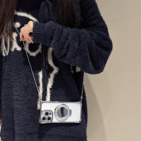 鏡リングスタンド付 iPhone16pro/16ケース ショルダーチェーン iPhone15/14pro/13promaxカバー 女子力高い 多機能便利 [M5163]