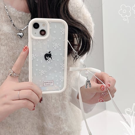 白花柄 iPhone15/15proケース ストラップ付 アイフォン14/13pro/12カバー 丈夫 女子力アップ 春夏コーデ[M4000]