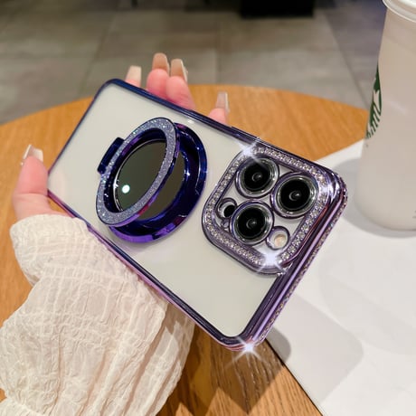 鏡MagSageリングスタンド iPhone15pro/15promaxケース ジュエリーキラキラiphone14/13/12proケース クリア コスパ最強[M4075]