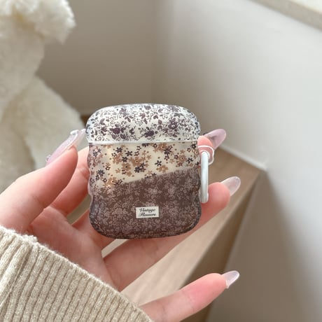 韓国っぽ 草花柄 AirPodsPro3ケース 上品 うねうねライン Airpods4/3ケース  AirpodsPro2/Pro1カバー  リング付 可愛い[M5958]