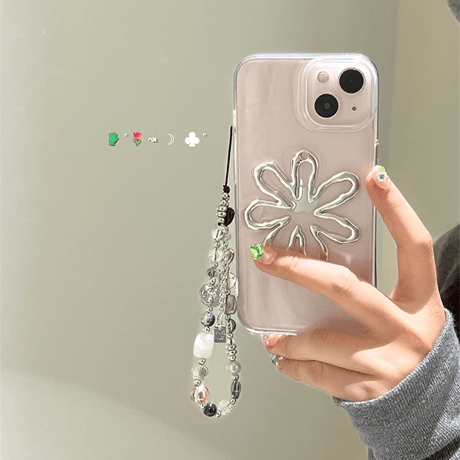 韓国風 立体花 iPhone15/15proケース 高級感ラストラップ付 iPhone14pro/13/12promaxケース 黄ばまないクリアケース コスパ高い[M4044]