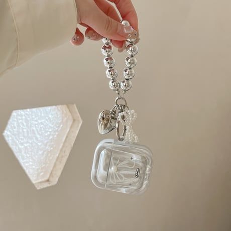 大人可愛い Airpods4ケース パールリボン ハートキーチェーン  Airpods3/Pro2ケース airpodspro2カバー  女子力高い 華やか 上品[M5179]
