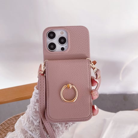 鏡 カード入れ付 iPhone14/15proケース リング ストラップ付 アイフォン13/12pro/11カバー 淡色レザー高品質 高級感 スタンド機能[M3251]
