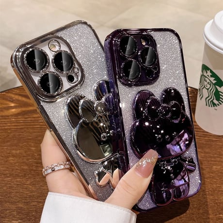 鏡付兎スタンド iPhone15/16proケース キラキラ iPhoneSE第3世代/14/13Proカバー 多機能便利 カメラ保護 [M3527]