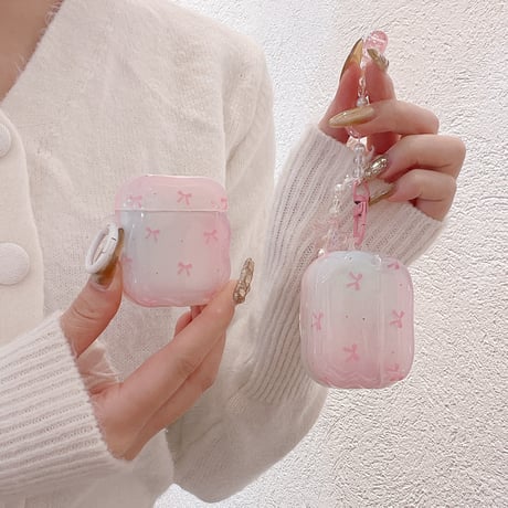 リボン柄 Airpods 4ケース グラデーションカラー ガーリーファッション Airpods3/2カバー Airpodspro2/pro リング/リボンキーチェーン うねうね[M4937]
