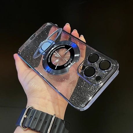 Magsafe対応 iPhone15/15proケース スタンド オシャレ アイフォン14/13proカバー レンズフイルム付 キラキララメ入り [M3620]