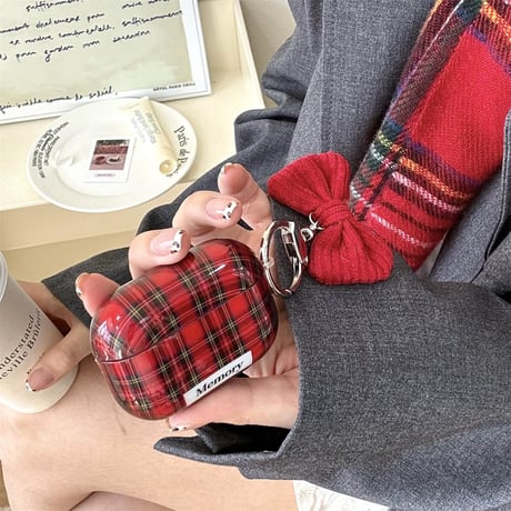 チェック柄 Airpods 4ケース リボン/ハートホルダー付き Airpodspro2/proカバー Airpods3/2 丈夫 可愛い[M4963]