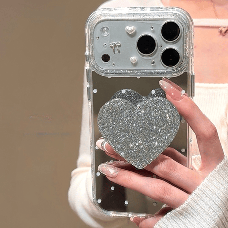 水玉模様ミラー iPhone17pro/17ケース ラメ入りハートグリップ iPhone16/15pro/14ケース 女子力高い[M6118]