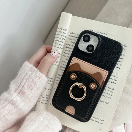 リングカード入れ付 iPhone16/16Proケース 熊 レザー アイフォン15pro/13mini/12/14カバー レザー 高品質 超便利[M4639]
