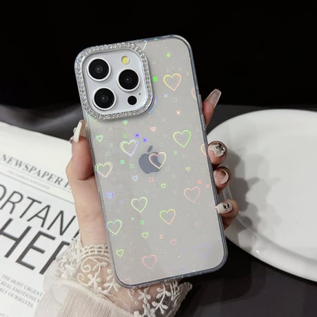 光るハート柄 iPhone15Pro/15Plusケース 女子力アップ iPhone14/13Pro/12カバー 綺麗 夏ファッション[M4439]