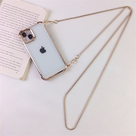 ショルダーチェーン付 iPhone16Pro/17ケース 四角耐衝撃 iPhone16ProMax/15Pro/14カバー メタリックゴールド高級感 丈夫[M5526]
