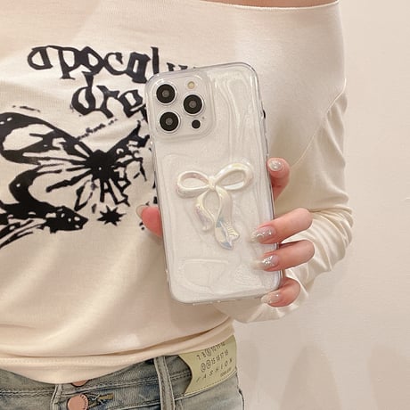 立体リボン iPhone15プロ/15カバー ホワイト アイフォン14pro/13promax/12ケース きれい 女子力アップ[M4315]