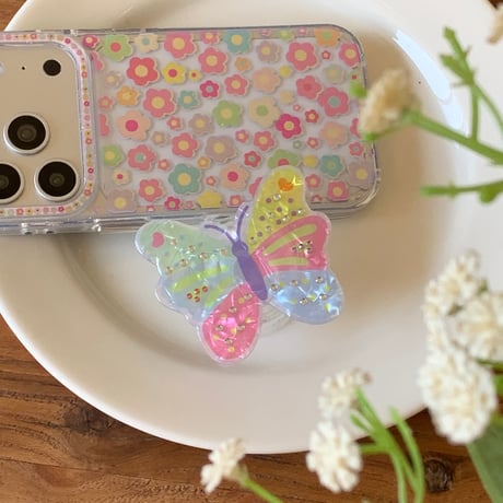 蝶グリップ iPhone17pro/17ケース 花柄 iPhone16/15promax/14ケース かわいい 多機能便利[M6205]