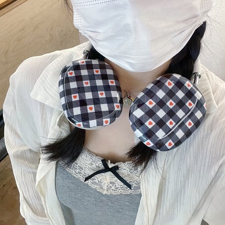 韓国風 AirPodsMaxケース チェック柄/ハート柄 かわいい エアーポッズ マックス専用カバー 女子力高い 質感いい[M4845]