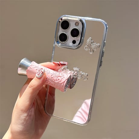 Queen ミラー iPhone17Pro/17ケース ジュエリー蝶デコ iPhone17ProMax/16Pro/15カバー オシャレ メイク直しに便利  [M5826]