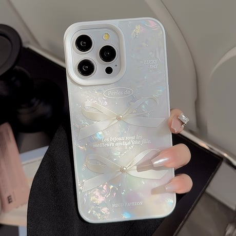 シェル風 iPhone15/15proケース リボン柄 立体パール iPhone14/13pro/12ケース かわいい きれい 女子力UP[M4003]