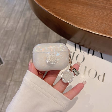 【Airpods4】ツバキの花  Airpods Pro2ケース 貝殻紋  airpods3カバー  アクセサリー付き  お洒落 ガールズに人気 [M2521]