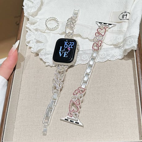 ダイヤデコハート アップルウォッチバンド メタル ブレスレット風 AppleWatchブレスレット Series11/10/9/8 SE3/2 通気性よい 高品質 [M6427]