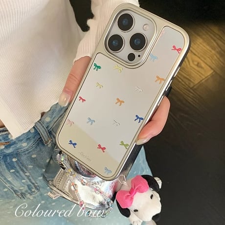 リボン ミラー iPhone16/16Proケース ストラップ付 iPhone15Pro/14/13 大人可愛い 丈夫[M4730]