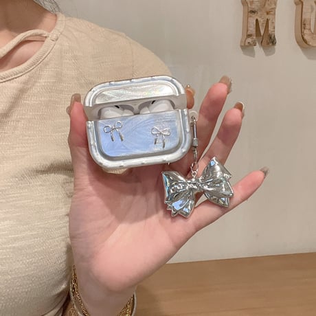 リボン Airpods 4ケース キーチェーン付 AirpodsPro2/Pro1 Airpods3/2カバー シルバー高級感 耐久性ある[M4797]