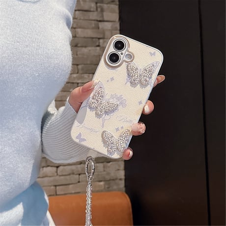 蝶々デコ iPhone16e/16proケース 高級感パールストラップ付 iPhone15promax/14/13カバー かわいい エレガント[M5316]