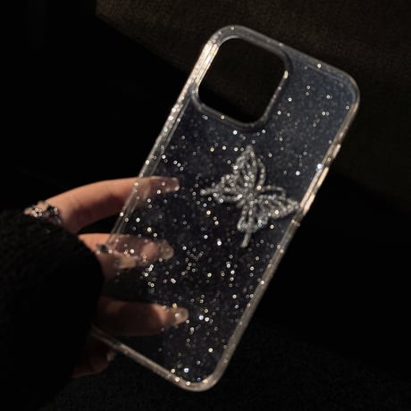ジュエリー蝶 iPhone16pro/15promaxケース キラキララメ iPhone14/13pro/12カバー 大人可愛い 高級感[M5237]