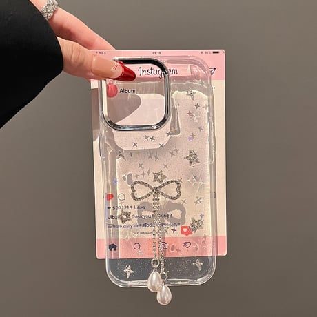 ジュエリーリボンフリンジ iPhone16pro/16ケース ラメ入り クリア iPhone14/13pro/12カバー 大人可愛い 人気アイテム[M5233]