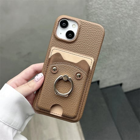 リングカード入れ付 iPhone16/16Proケース 熊 レザー アイフォン15pro/13mini/12/14カバー レザー 高品質 超便利[M4639]