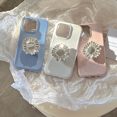 ジュエリーミラーグリップ iPhone14/15ケース 革製アイフォン13/12/11proカバー お洒落 高級感 便利[M2745]