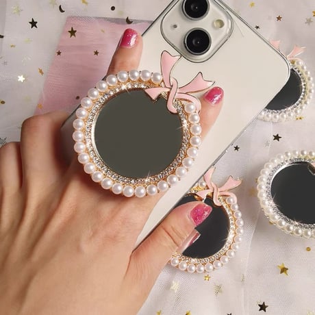 パール鏡 スマホグリップ リボン 金属 オシャレ シック スタンド 可愛い 粘着タイプ 可愛い 実用 全機種対応 ギフトにおすすめ[M4523]