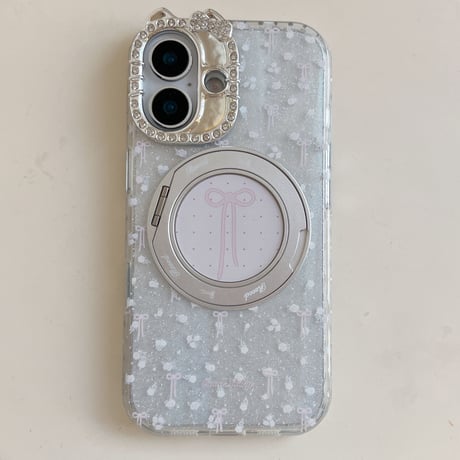 360度回転可リング iPhone17Pro/17ケース ジュエリーライン iPhone17ProMax/16Pro/15カバー 花柄とリボン柄 多機能便利[M6078]