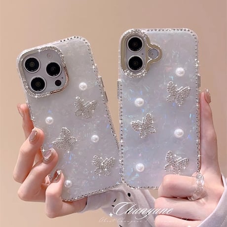 シェル柄 iPhone16pro/16カバー ジュエリー蝶/パールデコ iPhone15pro/14promax/13ケース 上品 大人可愛い エレガント [M5351]