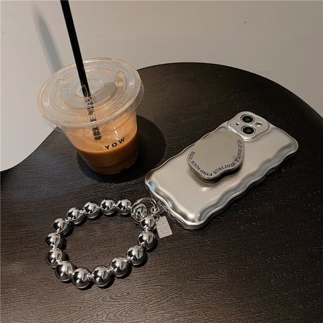 クールシルバー iphone15/14/13proケース グリップ/ストラップ付 アイフォン12/11カバー  高級感高品質 お洒落 ギフトにおすすめ  [M2092]