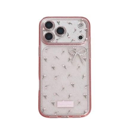 キラキラピンク iPhone17/17proケース 花柄 リボンデコ iPhone17promax/16/15Proカバー 綺麗ストラップ 女子ファッション[M5959]