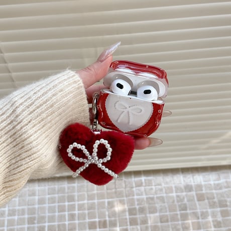 ハート形とリボン柄 AirPods Pro 3ケース ワインレッド 毛玉キーホルダー Airpods 4/3ケース  AirpodsPro2/Pro1カバー パール 女子力アップ[M5997]