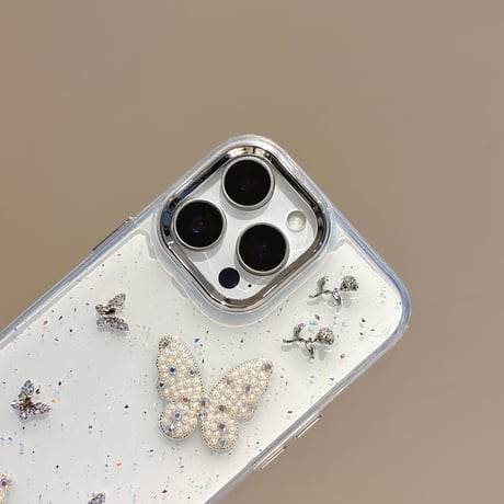 パール/ジュエリー蝶々 iPhone16/16Proケース  ストラップ付 iPhone15Pro/14/13proカバー 華やか キラキラ 高品質 [M5150]