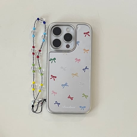 リボン ミラー iPhone16/16Proケース ストラップ付 iPhone15Pro/14/13 大人可愛い 丈夫[M4730]